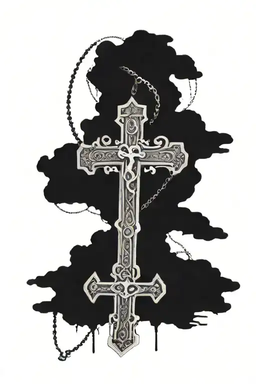 from shoulder to elbow, three crosses on top,bible verse Isaiah 43:2,shading around and details, rosary beads blended in tattoo design idea