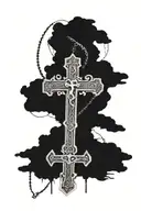 from shoulder to elbow, three crosses on top,bible verse Isaiah 43:2,shading around and details, rosary beads blended in tattoo design idea