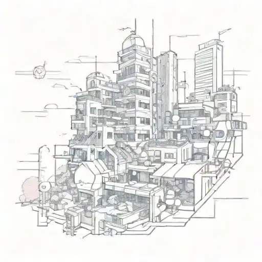 A futuristic cityscape combining elements of Amsterdam, Chicago, Vienna, and Istanbul, with a pixelated gaming character exploring the scene tattoo design idea