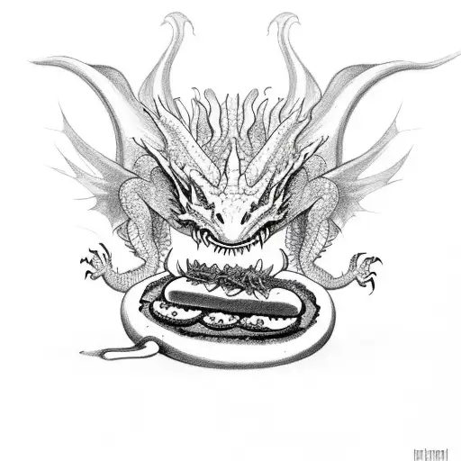 a three headed dragon eating a hotdog tattoo design idea