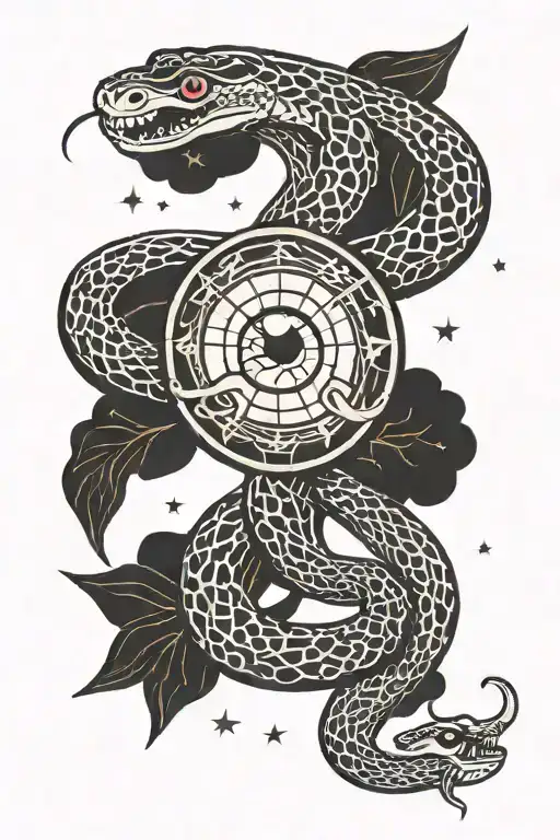 The snake crawls down, circling the sun with an eye and the moon. There are small stars and clouds. tattoo design idea