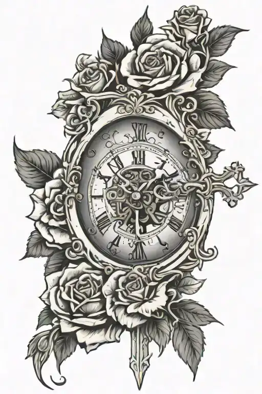 skeleton hand, roses, cross, clock, time, eye  tattoo design idea