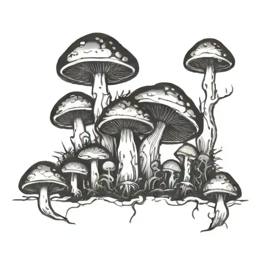 A blackwork tattoo of a mushroom forest with hidden skull shapes scattered throughout tattoo design idea
