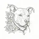A pit bull in a fighting stance, with a gaming headset on and roses scattered around tattoo design idea