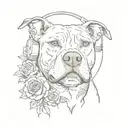 A pit bull in a fighting stance, with a gaming headset on and roses scattered around tattoo design idea