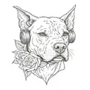 A pit bull in a fighting stance, with a gaming headset on and roses scattered around tattoo design idea