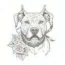 A pit bull in a fighting stance, with a gaming headset on and roses scattered around tattoo design idea