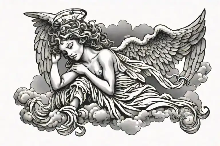 angel tattoo in cloud background tattoo design idea