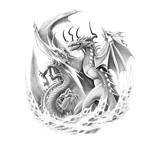 A fierce dragon battling a demon in an epic fantasy scene tattoo design idea