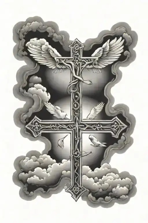 three crosses on bottom with clouds and dove  tattoo design idea