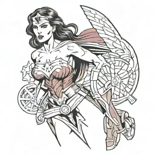Busty Wonderwoman carrying broken Superman tattoo design idea