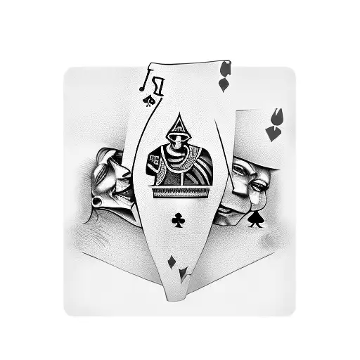 three playing cards flaired out with a king on the right, a queen on the left and a joker in the middle with roses tattoo design idea