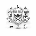 three playing cards flaired out with a king on the right, a queen on the left and a joker in the middle with roses tattoo design idea