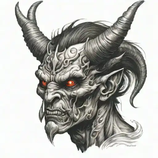 The design shows an imposing and malevolent looking demon, with twisted horns rising from its head, eyes tattoo design idea