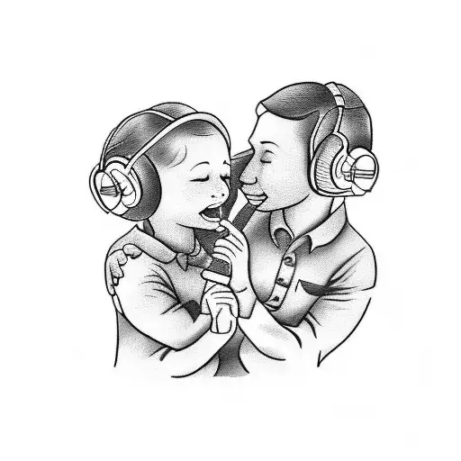 A heartwarming tattoo design capturing a special moment of you and your kids enjoying a music concert together, with intricate black-grey shading to add depth and emotion. tattoo design idea