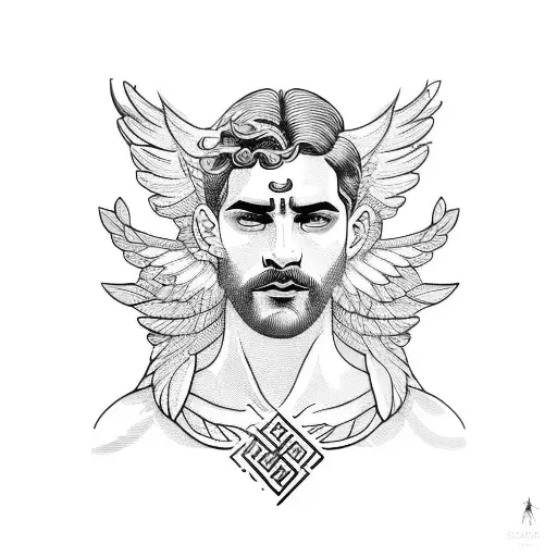 greek god with wings and coffee plants tattoo design idea