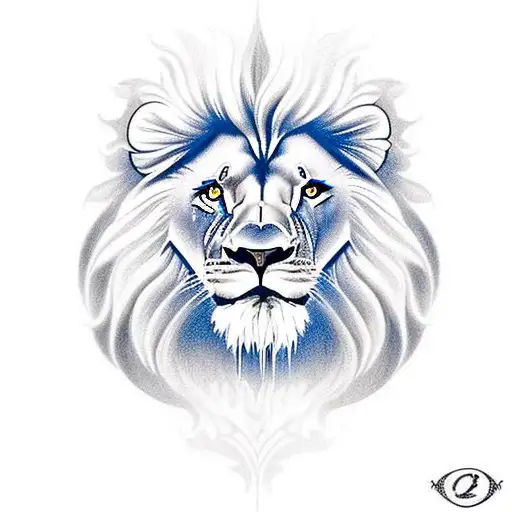 Lion with blue eyes and cross under it tattoo design idea