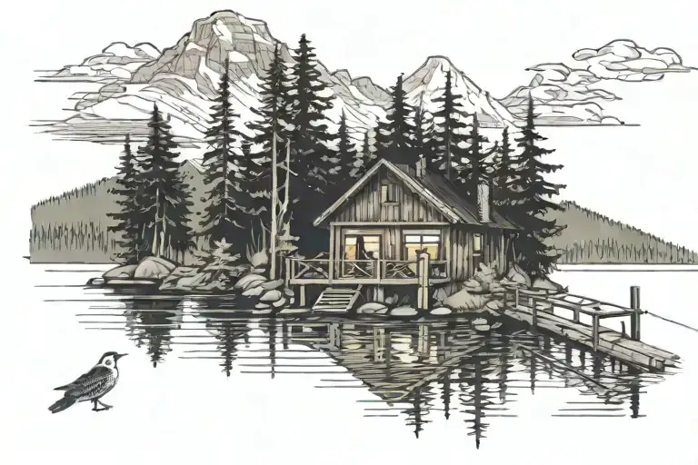 cabin in the woods with a lake and a family of 5 fishing on a dock and mountains in the background with a christmas tree tattoo design idea