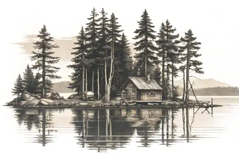 cabin in the woods with a lake and a family of 5 fishing on a dock and a christmas tree as one of the trees in the woods tattoo design idea
