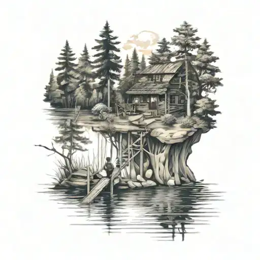 cabin in the woods with a lake and a family fishing on a dock tattoo design idea