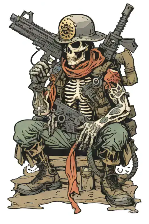 skelton with marine cover on and boots holding a m16 with a cigarette  tattoo design idea