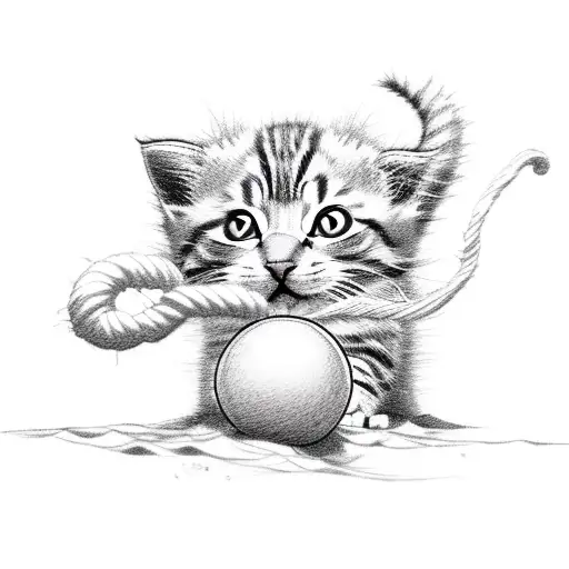 A kitten playing with a ball of yarn on a sandy beach tattoo design idea