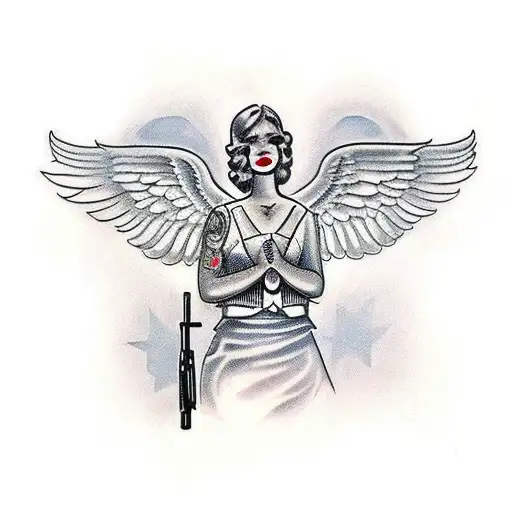 make an angel, with wings made of money, a young face, and a rifle in his hands tattoo design idea