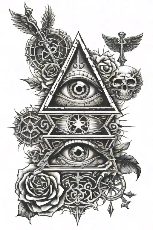 Illuminati eye, Roman numerals, skulls, crosses tattoo design idea