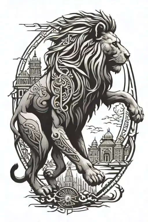 a lion walking in 3D with buildings behind the lion tattoo design idea