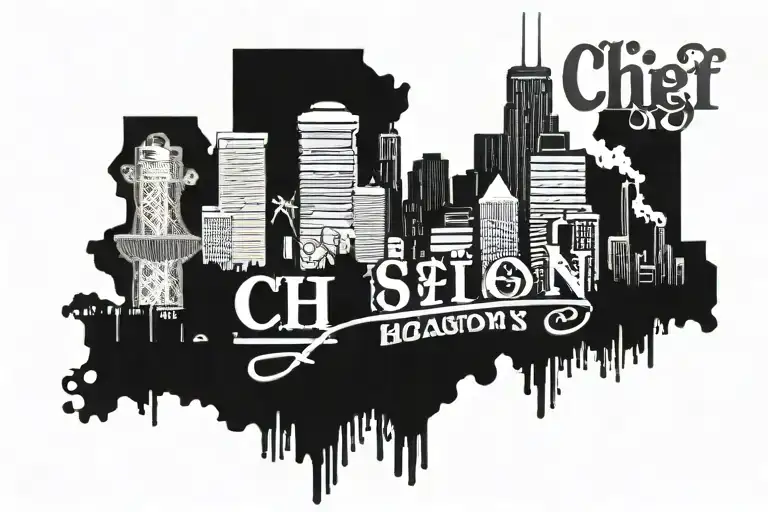 Houston skyline with "Chief" in smoke letters in front  tattoo design idea