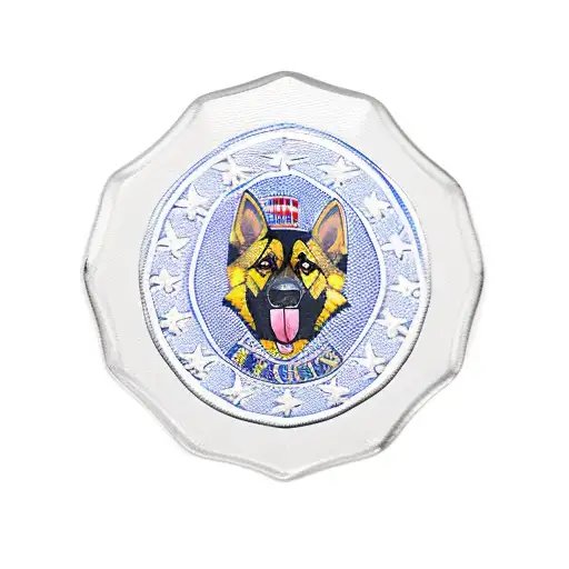 A detective's badge with a German shepherd silhouette in the center, surrounded by American flag elements tattoo design idea