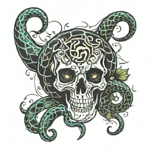 Fire, Slytherin amulet, skull, symbol of the Death Eaters: Nagini snake. tattoo design idea