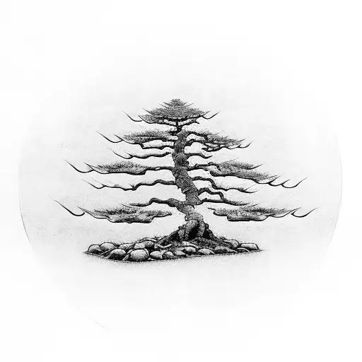 Bonsai tree with the text 戦争の庭師であるよりも、庭の戦士である方が良い and a tori gate tattoo design idea