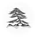 Bonsai tree with the text 戦争の庭師であるよりも、庭の戦士である方が良い and a tori gate tattoo design idea