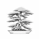Bonsai tree with the text 戦争の庭師であるよりも、庭の戦士である方が良い and a tori gate tattoo design idea