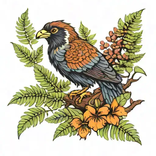 Kaka bird on a branch with ferns around tattoo design idea