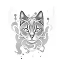 A melodic house music waveform transforming into a sleek black cat tattoo design idea