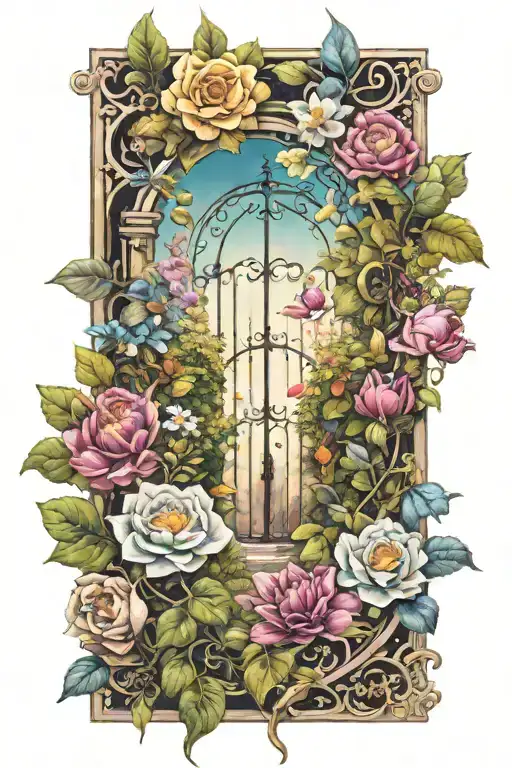 secret garden scene with flowers tattoo design idea