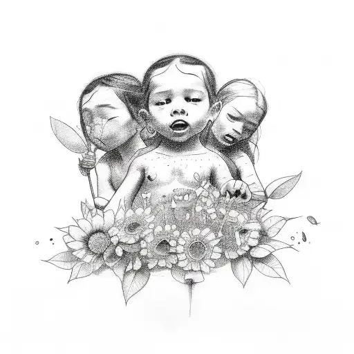 A sketch-style tattoo of four children playing among flowers and insects tattoo design idea
