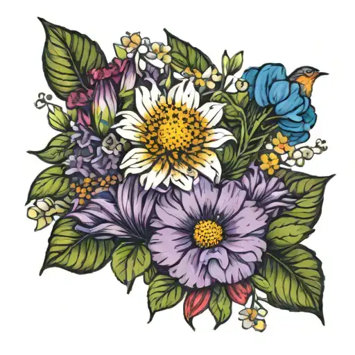 Bouquet of flowers with lily of the vally aster and morning glory and cosmos and marigold with a robin  tattoo design idea