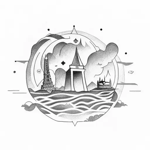 A tattoo showcasing a group of friends exploring different cities around the world in dotwork style tattoo design idea