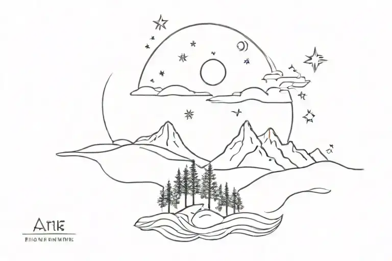 nature star moon ocean mountain  tattoo design idea