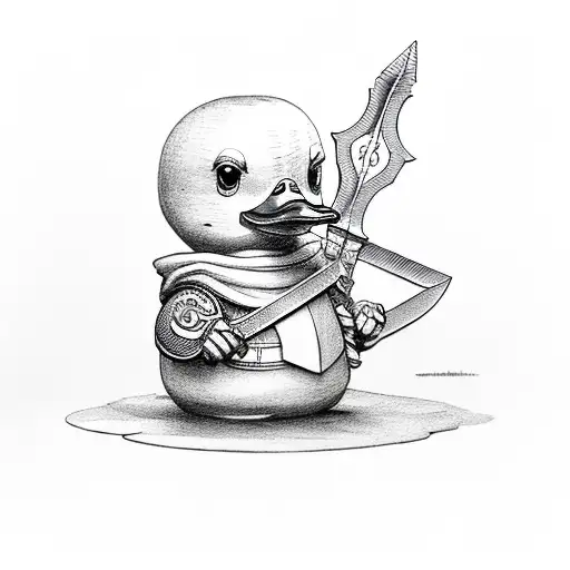 yellow rubber duck holding a sword tattoo design idea