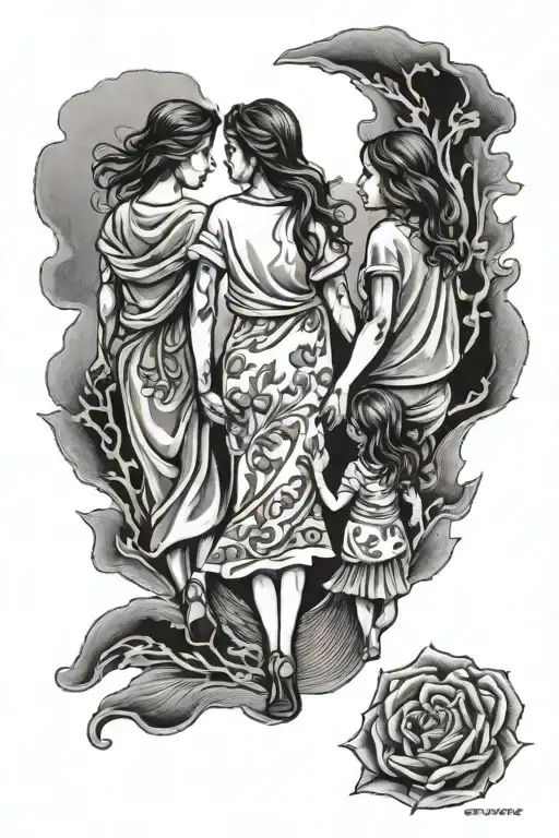 3 daughters walking hand tattoo design idea