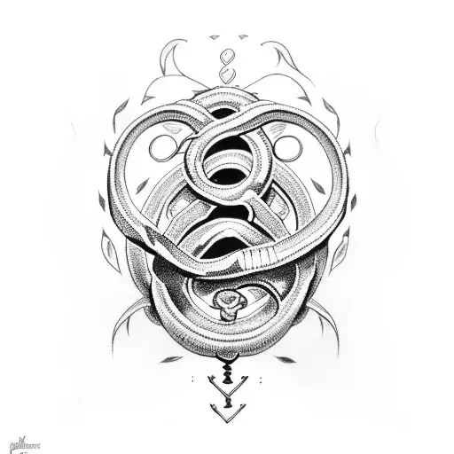 A caduceus intertwined with a serpent in dotwork style tattoo design idea