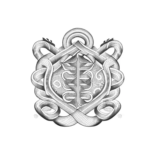 A caduceus intertwined with a serpent in dotwork style tattoo design idea