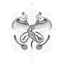 A caduceus intertwined with a serpent in dotwork style tattoo design idea