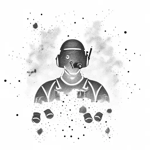 A soldier's silhouette standing tall against a backdrop of exploding grenades and bullets tattoo design idea