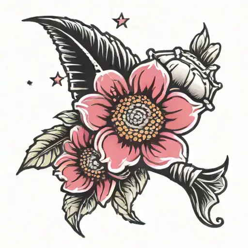 classic liberty with conch shell and hot pink gerbera daisies and stars tattoo design idea