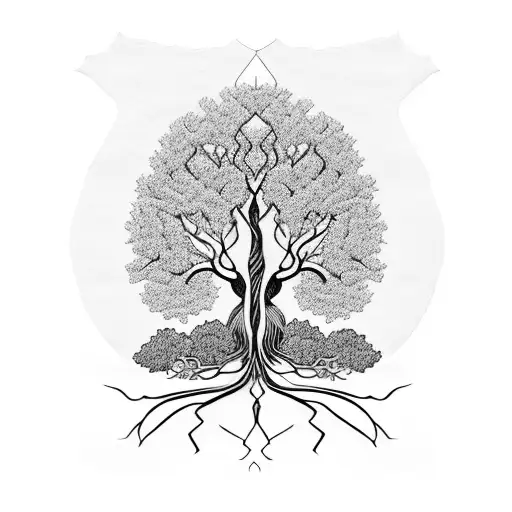 A blackwork design of a tree with intricate roots, symbolizing the strong foundation of your family tree tattoo design idea